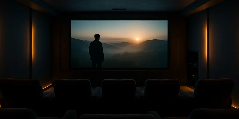 Modern home cinema room with large projection screen and ambient lighting
